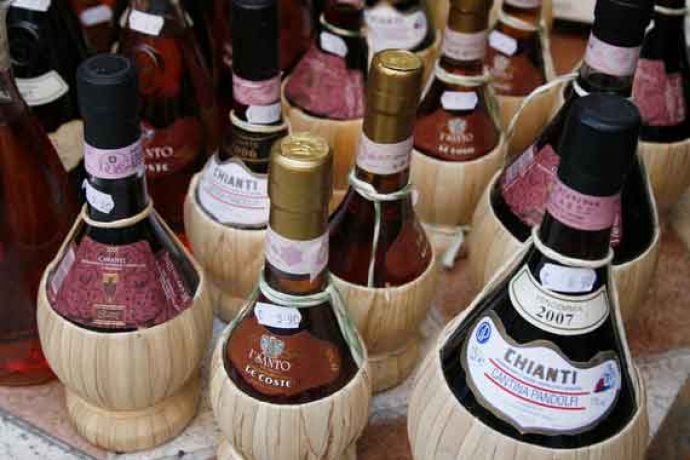 Bottles of chianti with straw fiasco from Tuscany.