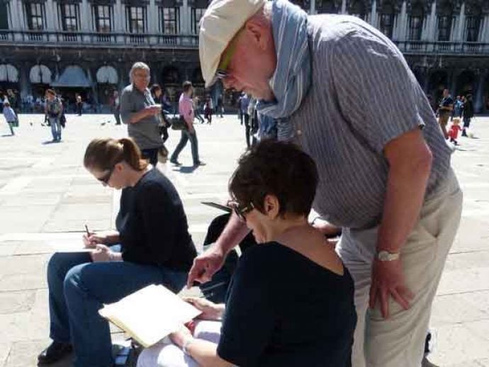 Tutor Hugh helping a student in St. Mark's square in Venice