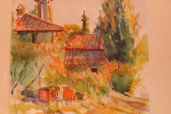Colourful watercolour painting of a rusting building in Tuscany