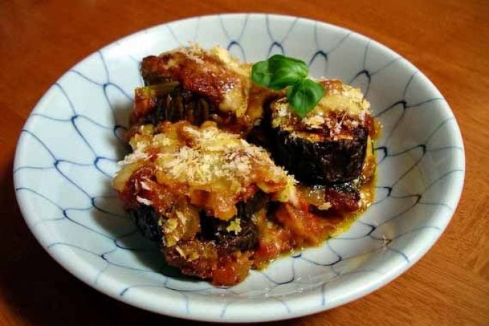 Aubergine parmigiana freshly made on cooking holiday.
